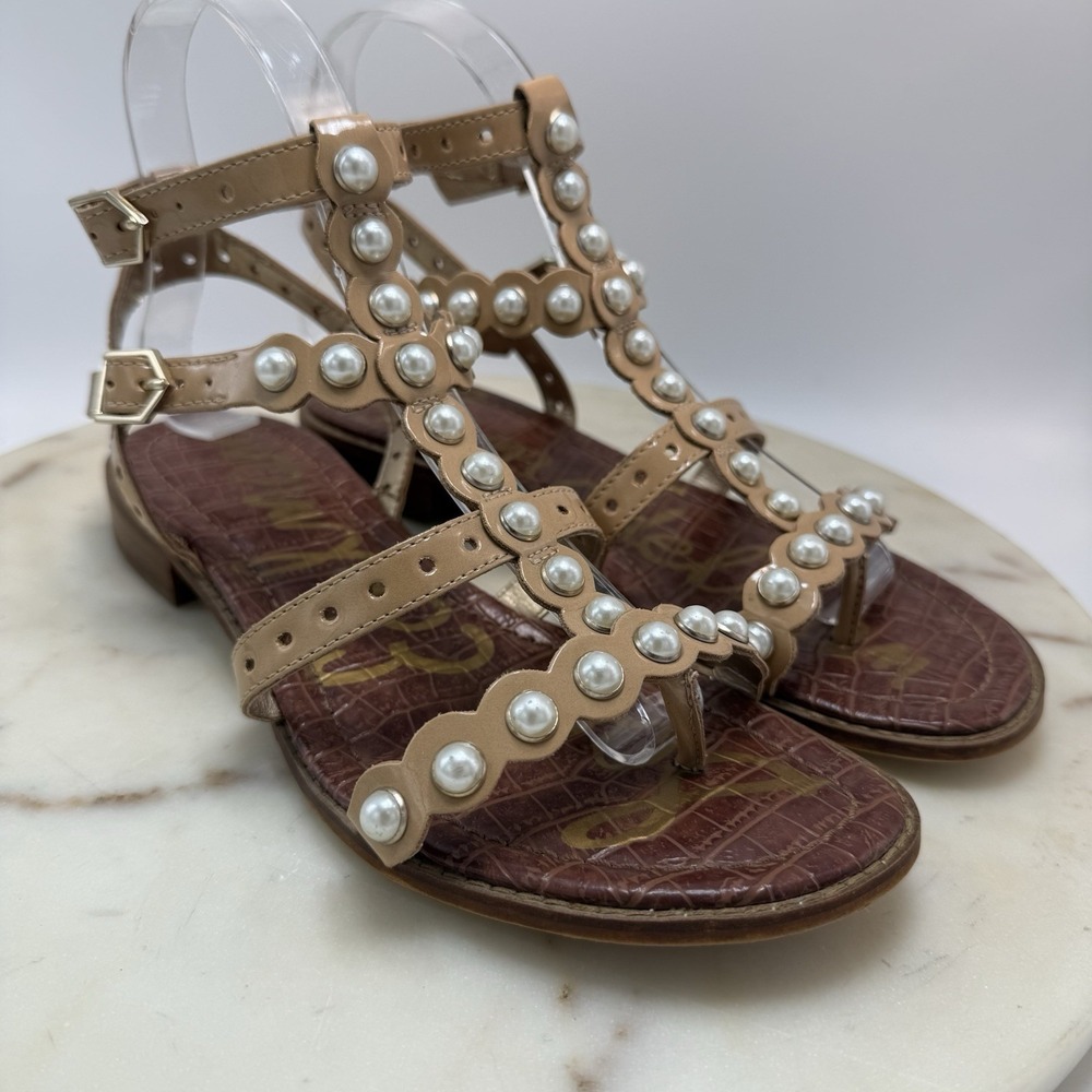 Sam Edelman Elisa Beige Pearl Studded Gladiator Sandals Size US 7 EU 37